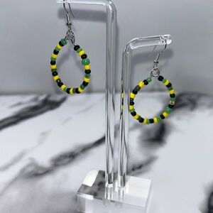Vibrant Jamaican Beaded Hoop Earrings - Black, Yellow, Green
